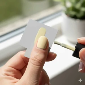 Hand swatching a smooth layer of light pastel yellow nail polish to show the shade consistency.