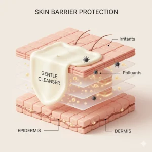 Graphic showing a pH-balanced cleanser maintaining the skin’s natural acidity.
