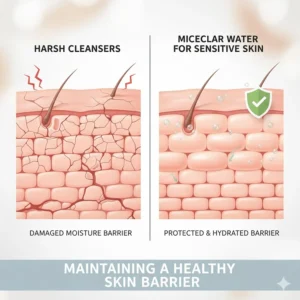 Illustration showing how a gentle micellar water formula protects the moisture barrier of sensitive skin types.