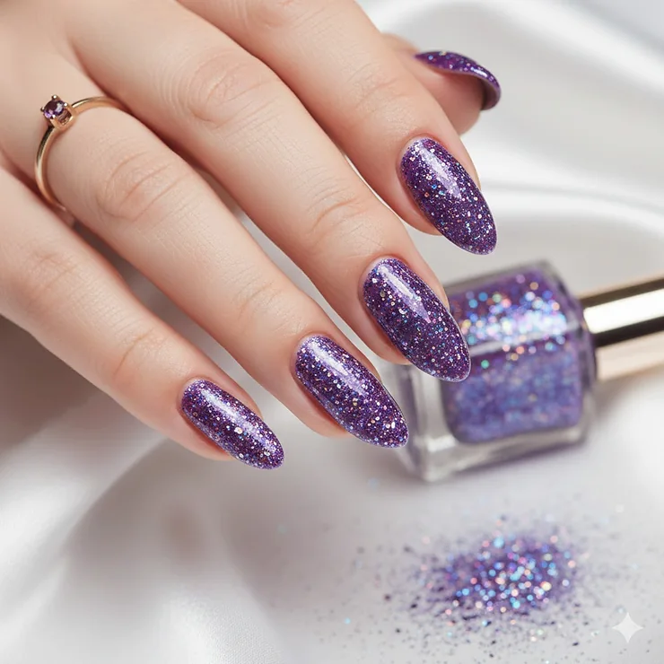 Close-up of a stunning manicure featuring purple glitter nail polish on long oval nails.