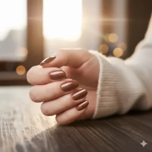 Festive bronze-toned brown nail polish with subtle gold glitter accents.