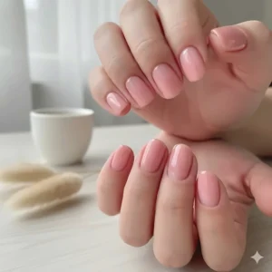 Photo of natural, shorter nails featuring a simple, chic coat of light pink jelly nail polish, perfect for a subtle, minimalist manicure style.