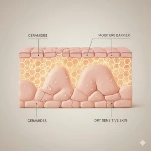 Illustration of a person feeling relief after using a soothing cleanser for redness-prone skin.