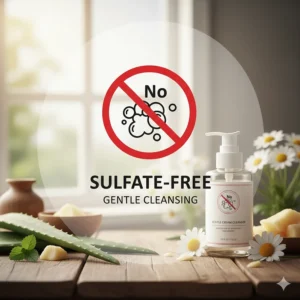 A "No Sulfates" icon highlighting gentle cleansing agents for dry, delicate skin.