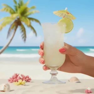 A close-up of a coral manicure held against a tropical beach background, highlighting summer nail trends.