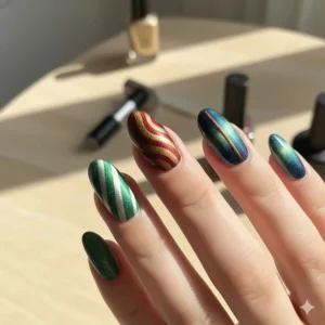 A swatch display featuring several fingers or tips, each painted with a different shade or unique pattern achieved with magnetic nail polish.