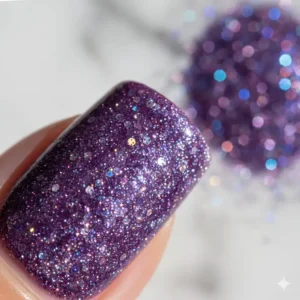 Macro shot detailing the beautiful iridescent and holographic purple glitter particles in the polish.