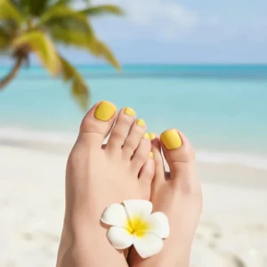 A bright, tropical yellow nail polish used for a fresh summer pedicure on the toes.