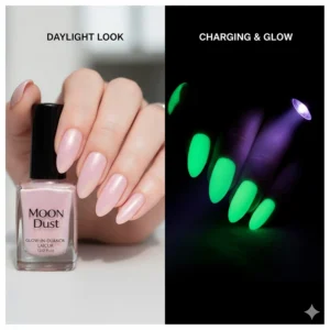 Illustration of fingernails being charged under a UV lamp to activate the glow in the dark effect.