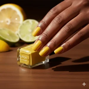 A swatch of the vibrant citrus yellow shade on dark skin, demonstrating the pop of color and how beautifully the polish complements deeper tones.