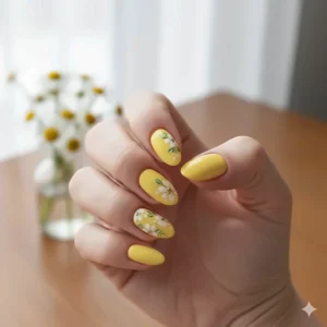 Creative summer nail art featuring bright yellow nail polish with delicate white floral accents.
