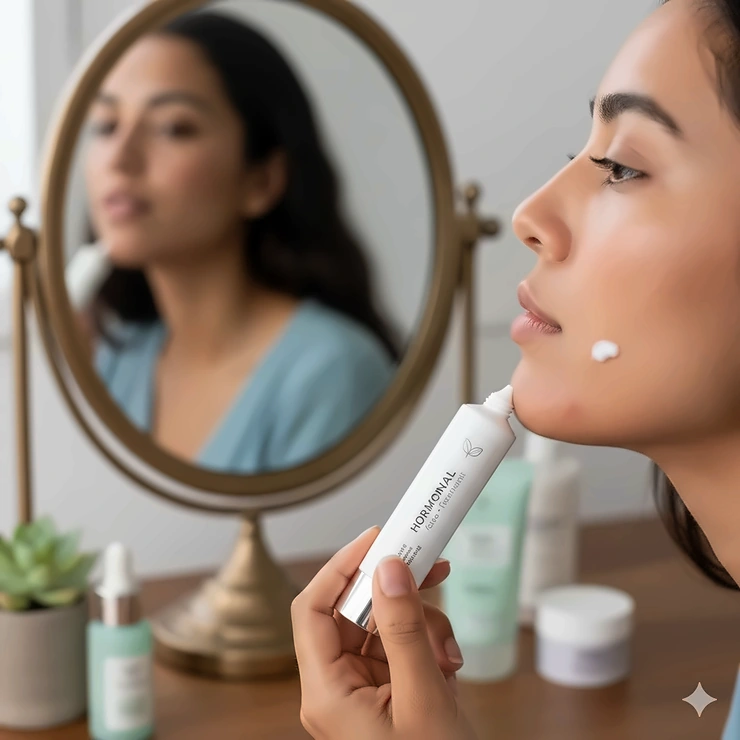 A person applying a targeted acne spot treatment for hormonal breakouts on their jawline in front of a mirror.