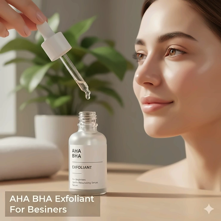 A beginner-friendly AHA BHA chemical exfoliant bottle placed next to a person with clear, radiant skin. AHA BHA exfoliant for beginners