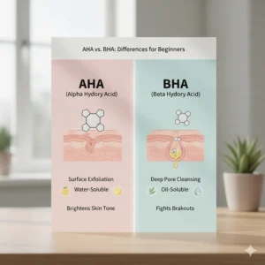 A comparison chart showing the differences between AHA for surface exfoliation and BHA for deep pore cleansing.