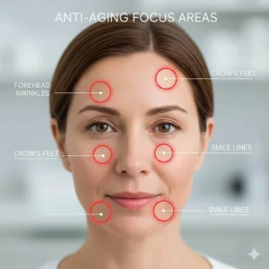 Visual guide highlighting forehead wrinkles, crow's feet, and smile lines treated by night cream for anti-aging over 40.