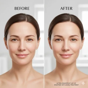 Stylized illustration representing improved skin elasticity and glow after consistent use of a nighttime anti-aging treatment.