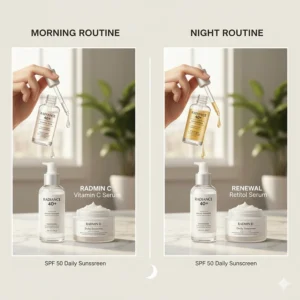 A bottle of anti-aging serum placed next to a broad-spectrum SPF 50 sunscreen.