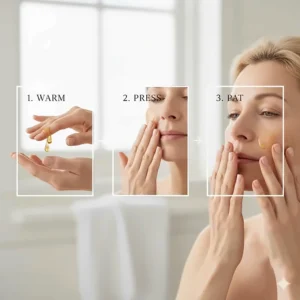 Step-by-step illustration of hands pressing facial oil into the face to maximize absorption for dry mature skin.