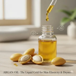 Illustration of argan oil drops, known for improving skin elasticity and treating dryness in older skin.