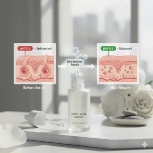 An infographic showing how a pore minimizer serum that works restores skin barrier and pH levels.