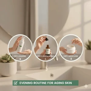A simplified evening skincare routine featuring a gentle retinol serum for women over 30.