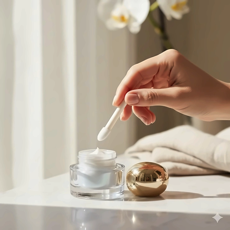 A premium eye cream jar and applicator being used to treat dark circles and under-eye puffiness. eye cream for dark circles and puffiness