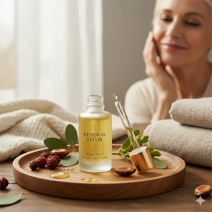 A luxurious facial oil bottle next to a pipette, highlighting its use for hydrating dry and mature skin. facial oil for dry mature skin