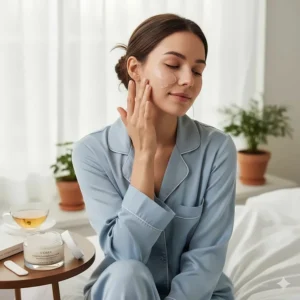 A woman applying a hydrating Korean sleeping mask for dry skin before bed for overnight moisture.