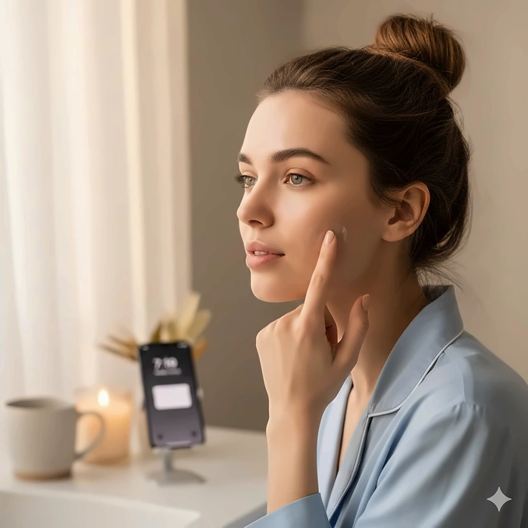 A person applying a hydrocolloid pimple patch for overnight acne treatment before bed. pimple patches for overnight acne treatment AHA BHA exfoliant for beginners