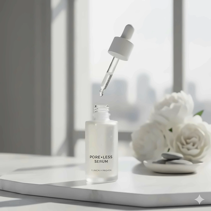 A premium bottle of pore minimizer serum that works on a clean, aesthetic vanity with a soft-focus background.