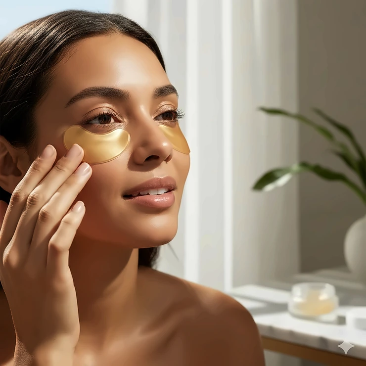 A woman applying gold hydrogel under eye patches for dark circles and puffiness.