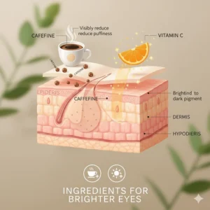 Illustration showing caffeine and vitamin C ingredients in under eye patches for dark circles.