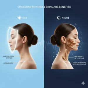 Graphic comparing daytime protection versus nighttime skin repair when using an anti-aging night cream.