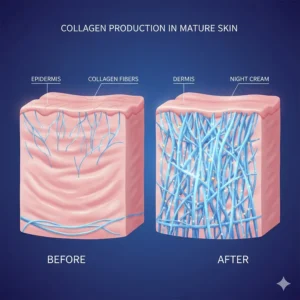 Diagram of skin layers showing how anti-aging night cream stimulates collagen production to reduce fine lines.