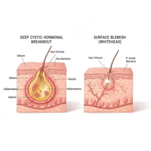 Medical illustration comparing a deep cystic hormonal breakout to a standard whitehead.