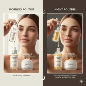 Comparison chart of a morning vitamin C serum versus a nighttime retinol anti-aging routine.