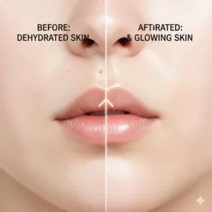Comparison illustration of dehydrated skin vs. glowing skin after using a Korean sleeping mask overnight.