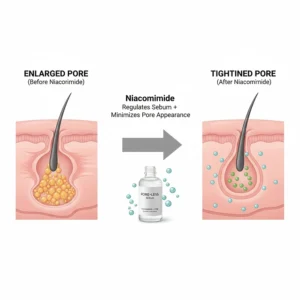 Cross-section illustration of an enlarged pore versus a tightened pore after consistent niacinamide treatment.