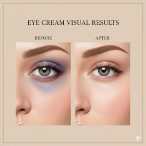 Side-by-side comparison illustration showing a visible reduction in dark circles and puffiness after consistent eye cream use.
