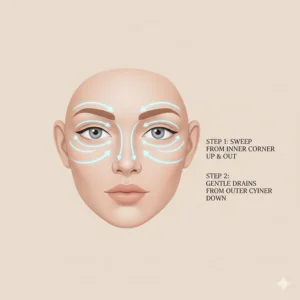 Diagram of facial massage movements to help drain fluid and reduce morning eye puffiness.