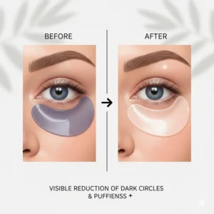 Comparison drawing showing visible reduction of dark circles after using under eye patches.