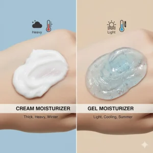 Illustration comparing heavy cream and lightweight gel moisturizer textures for summer oily skin.