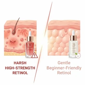 Comparison between a harsh high-strength retinol and a gentle beginner-friendly serum for first-time users.