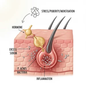 Illustration showing the connection between hormonal fluctuations and excess sebum production leading to breakouts.