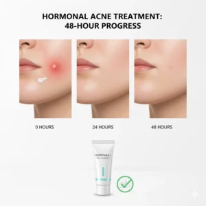 A progress illustration showing a hormonal breakout shrinking over 48 hours after applying spot treatment.