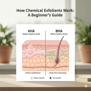 Illustration of how AHA and BHA exfoliants penetrate different layers of the skin to remove dead cells.