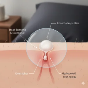 Illustration showing how a pimple patch absorbs impurities from a blemish during overnight acne treatment.
