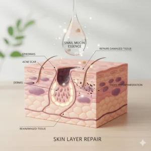 Diagram of snail mucin essence penetrating skin layers to repair damaged tissue and post-inflammatory hyperpigmentation.