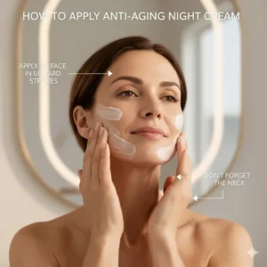 Illustration of a woman over 40 applying night cream in upward strokes to the face and neck for better absorption.