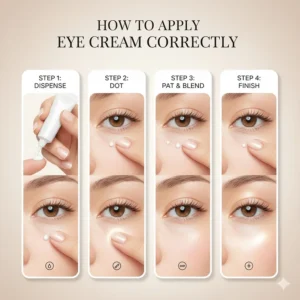 Step-by-step illustration showing the correct way to dab eye cream for puffiness without pulling the skin.